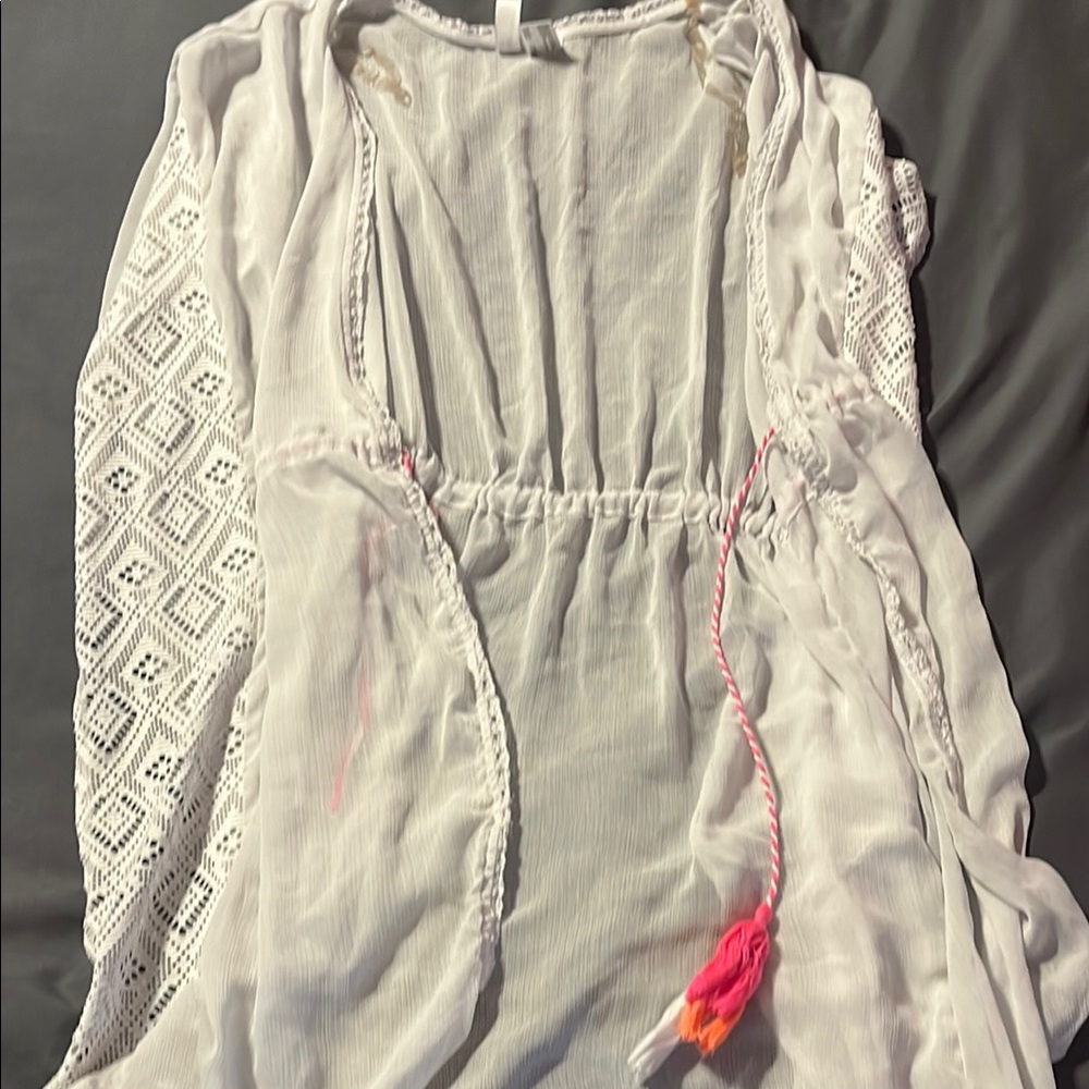 White Crochet Cover-Up with Pink and Orange Tassels